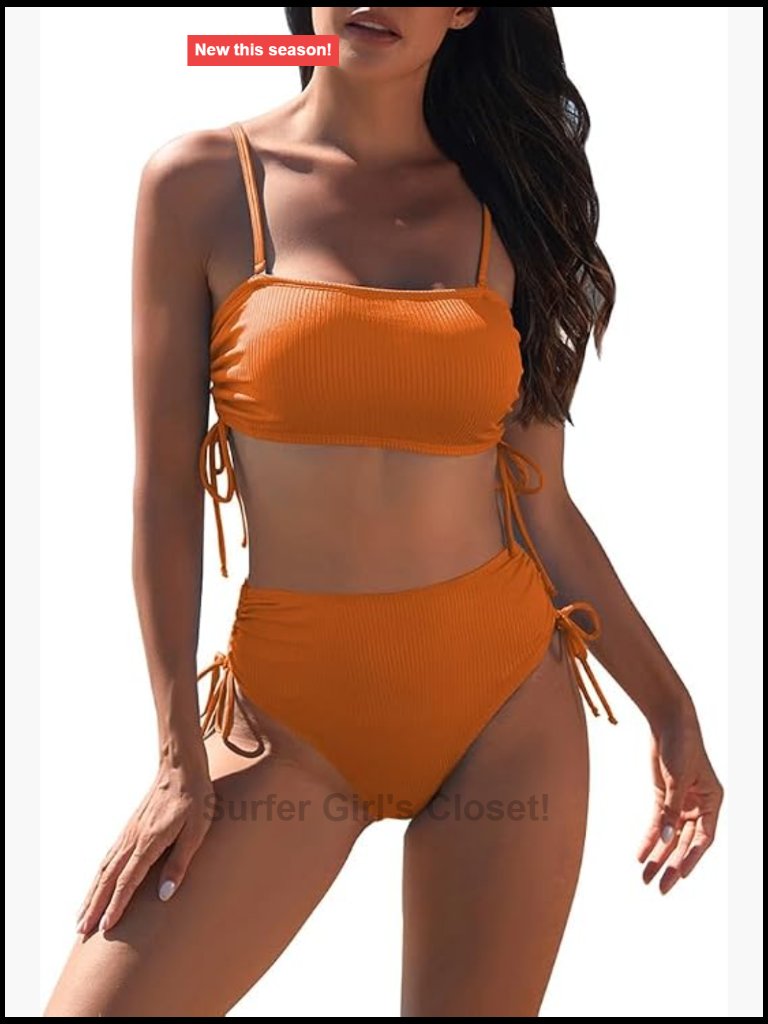 Ribbed Bandeau Ruched Drawstring High Waisted Bikini Set Tummy Control Swimsuit